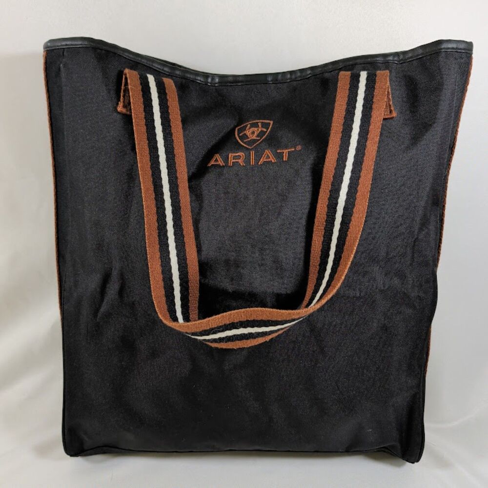 Ariat Black Tote Bag Canvas Faux Leather Trim Striped Handles Snap Closure EUC